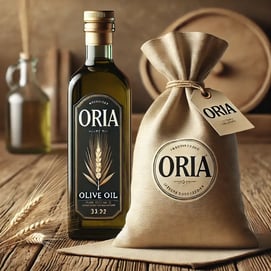 DALL·E 2025-02-04 01.33.16 - A realistic product design featuring a bottle of olive oil and a fabric bag of flour, both branded ORIA, placed on a rustic wooden table. The olive 