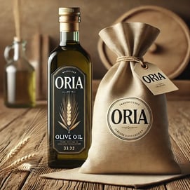 DALL·E 2025-02-04 01.33.16 - A realistic product design featuring a bottle of olive oil and a fabric bag of flour, both branded ORIA, placed on a rustic wooden table. The olive